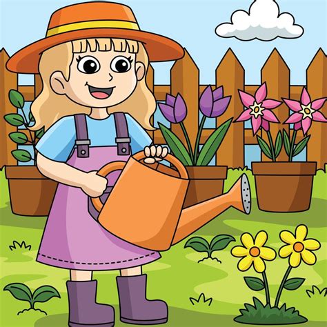 Spring Girl Watering The Flower Colored Cartoon 20088467 Vector Art At