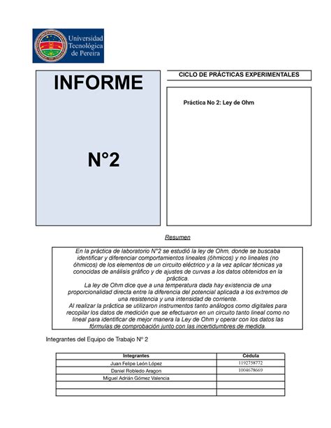 Informe Hola Informe N Ciclo De Pr Cticas Experimentales