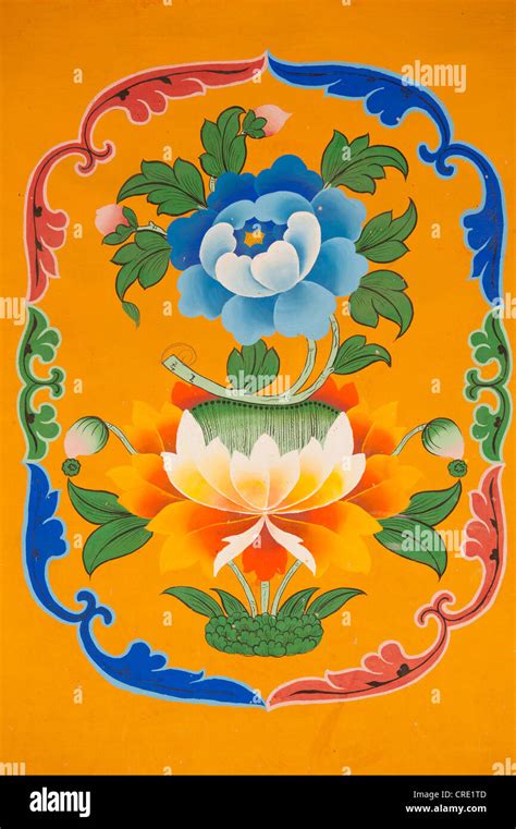 Tibetan Buddhism, mural painting, emblem, blue blossom above a lotus ...