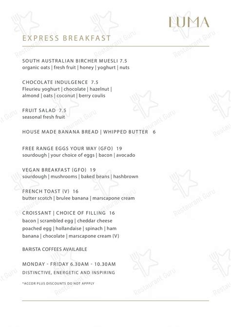 Menu at Luma Restaurant and Bar, Adelaide