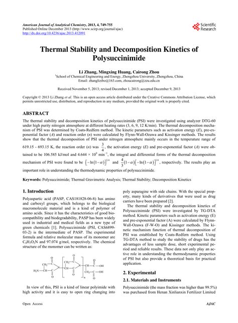 Pdf Thermal Stability And Decomposition Kinetics Of Polysuccinimide