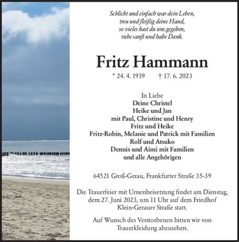 Traueranzeigen Von Fritz Hammann Vrm Trauer De