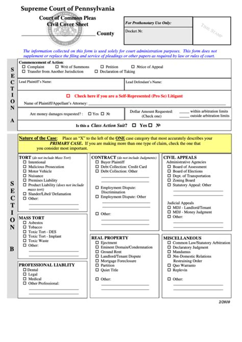 Fillable Court Of Common Pleas Civil Cover Sheet Pennsylvania Civil