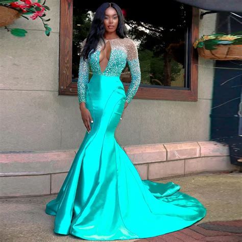 Turquoise Crystal Mermaid Prom Dresses Sexy Hollow Back Long Sleeve Sweep Train Beads Long