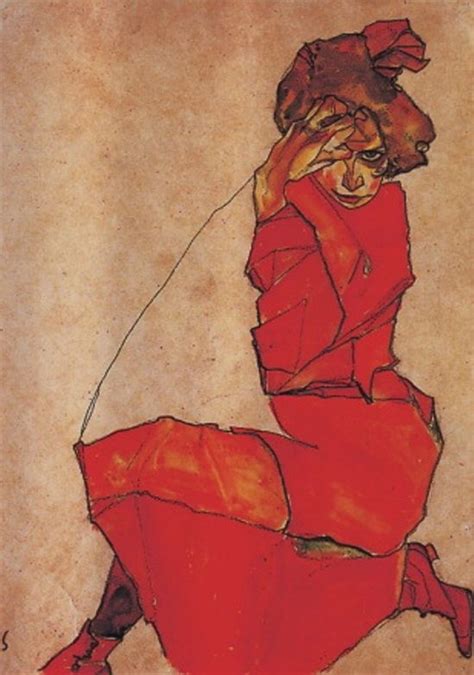 Egon Schiele Kneeling girl in a red dress Künstlerbedarf