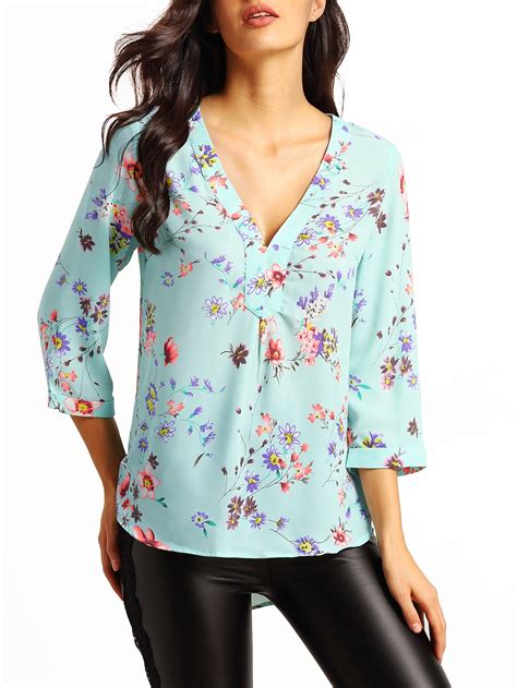 V Neck Dip Hem Florals Blouse Shein Sheinside