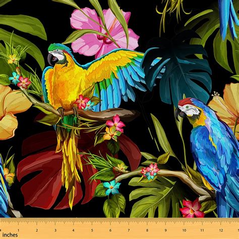 Tropical Bird Fabric By The Yard Jungle Parrots Palm Leaves Polyester