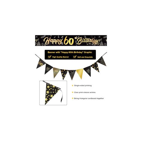 60th Birthday Decorations Kit Black Gold Happy 60th Birthday Banner Triangle Flag Banner 60th