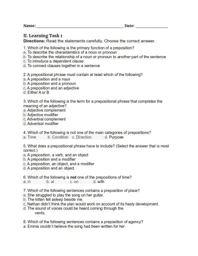 W4 Q1 Learning Taskpreposition Interactive Worksheet Edform