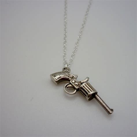 Silver Gun Charm Necklace Vintage Pistol Pendant Gem