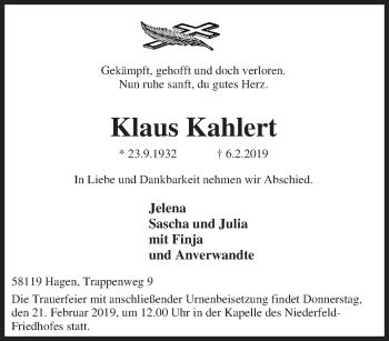 Traueranzeigen Von Klaus Kahlert Trauer In NRW De