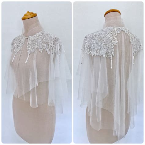 Beaded Tulle Bridal Cape Off White Wedding Cover Up Bridal Capelet