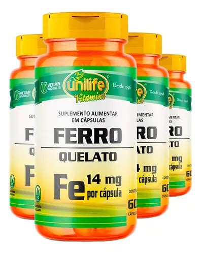 Kit 4 Ferro Quelato 500mg Unilife 60 Cápsulas MercadoLivre