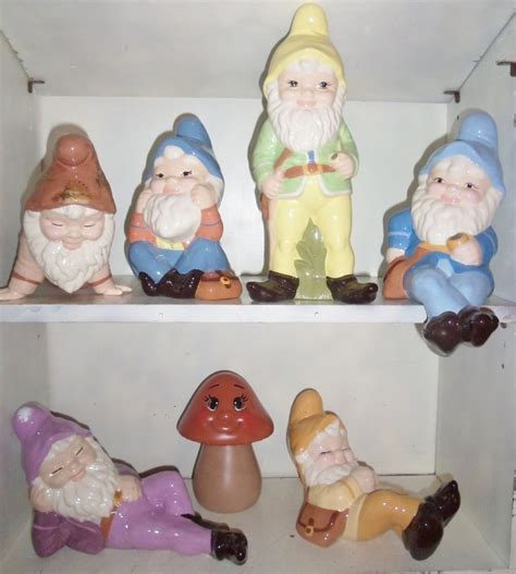 7pc Vintage 1970s Lawn Gnomes Elves Ceramic Figures Statues Mushroom