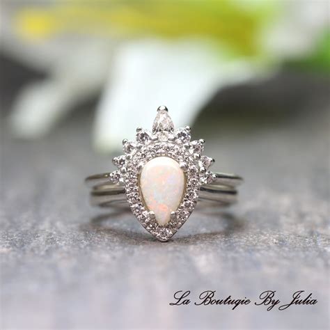 Genuine Opal Bridal Ring Set Pear Shaped Opal Engagement Ring Etsy