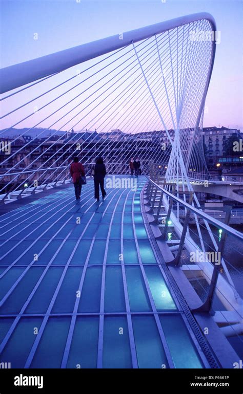 Zubizuri Footbridge Over The Nervion River Bilbao Spain Access To Guggehheim Museum Bridge