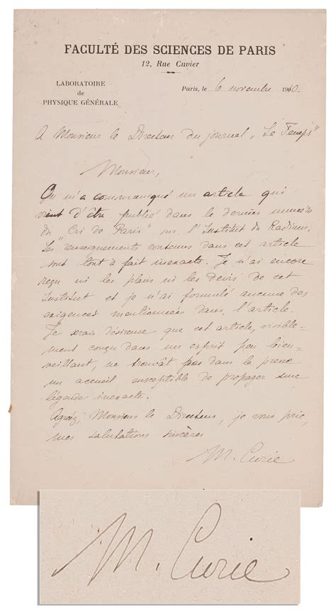 Marie Curie Autograph Letter Signed Sells for $7,866 at Nate's