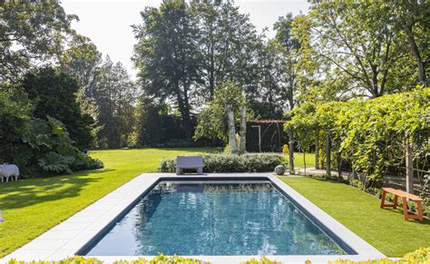 Luxe Betonnen Skimmer Zwembad In Idyllische Tuin Bekleed Met Een