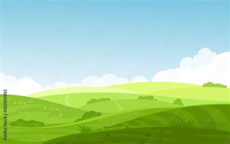 Vector Illustration Of Beautiful Fields Landscape With A Dawn Green