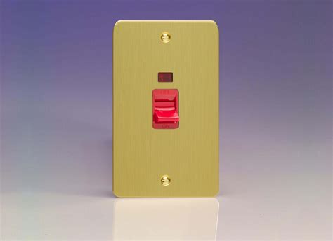 Varilight Ultraflat 45a Cooker Switch Neon Vertical Twin Plate Red Rocker Red Brushed Brass