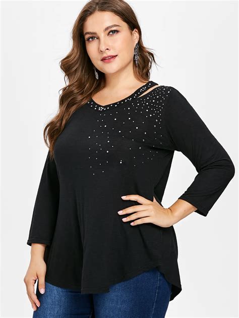 Wipalo Plus Size 5xl Cutout V Neck Rhinestone Embellished Tunic T Shirt