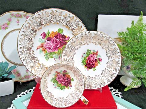 Aynsley Tea Cup And Saucer Trio Roses Gold Gilt Teacup Cabbage Rose