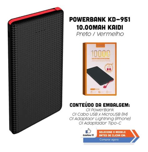 Carregador Portátil 10 000 Mah Powerbank Kaidi Kd 951 Preto