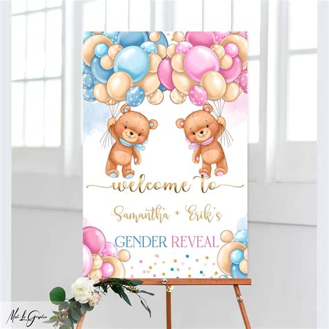 Editable Teddy Bear Gender Reveal Welcome Sign With Blue And Etsy