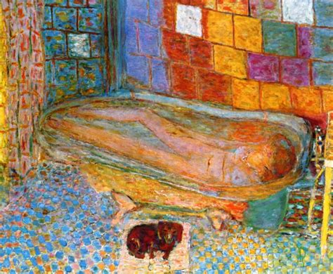 A Painting Of A Bathtub And Chair In A Room With Tiles On The Walls