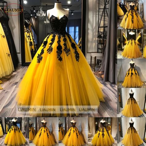 Yellow Tulle Black Lace Applique Strapless Evening Prom Dress Ball Gown