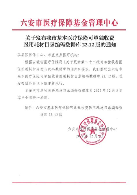 六安市关于发布我市基本医疗保险可单独收费医用耗材目录编码数据库2212版的通知