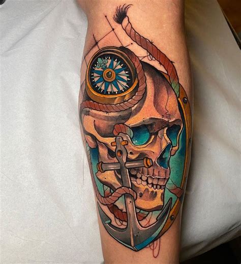 Neotraditional Skull Anchor And Compass Tattoo On The