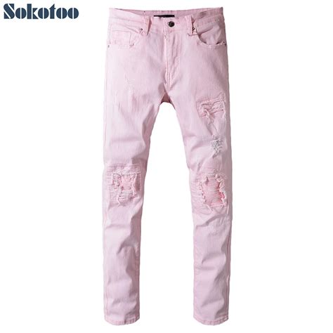 Sokotoo Men S Pink Denim Pleated Patchwork Slim Skinny Biker Jeans For