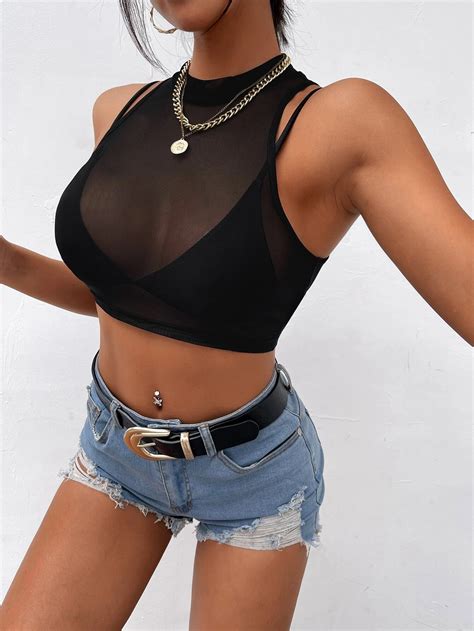 Shein Petite Crop Tank Top Mit Stehkragen Transparentem Netz Ohne Bh