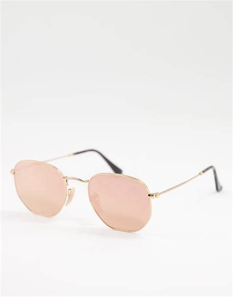 Ray Ban Hexagonal Sunglasses In Gold With Pink Lens Asos