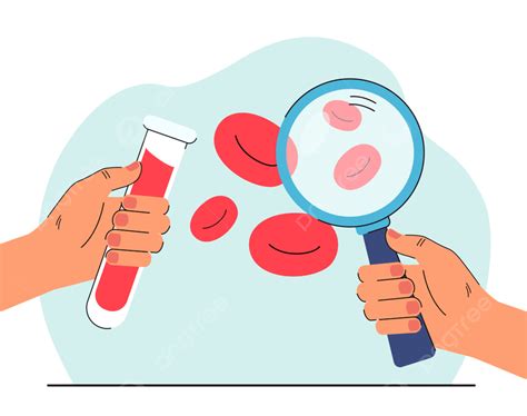 Hands Holding Magnifying Glass And Tube With Blood Sample Concept