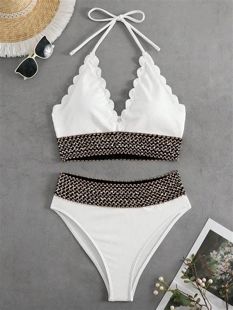 Scallop Trim Halter Bikini Swimsuit Shein Usa