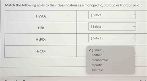 Solved Match The Following Acids To Their Classifcation As A Monoprotic Diprotic Or Triprotic