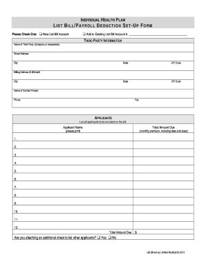 Fillable Online Individual Health Plan List Bill Payroll Deduction Set