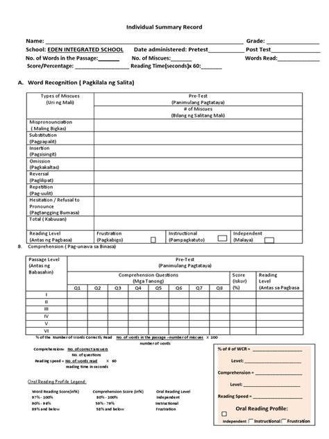 Individual Summary Record Phil Iri 2019 Pdf Learning To Read