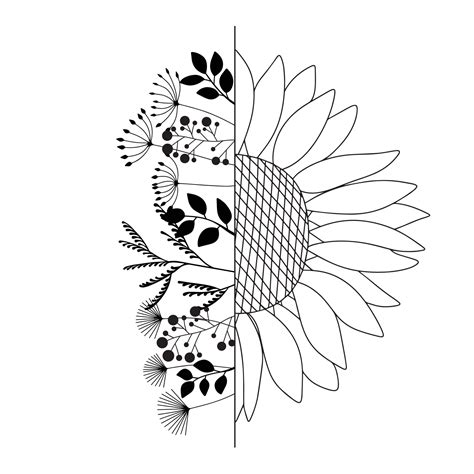 Hand Draw Doodle Flower Illustration Half Sunflower And Any Plants