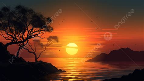 An Animated Sunset With The Sun Behind Trees And Background, Sunset ...