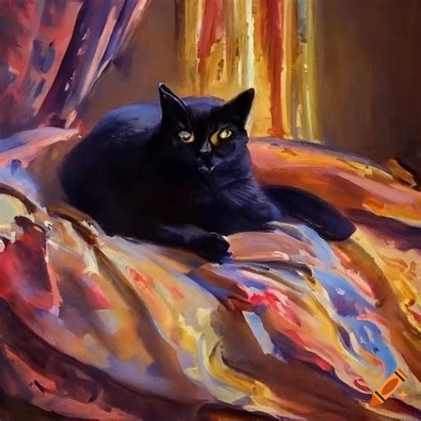 Baroque Renaissance Still Life Painting Of A Black Cat Sleeping On A