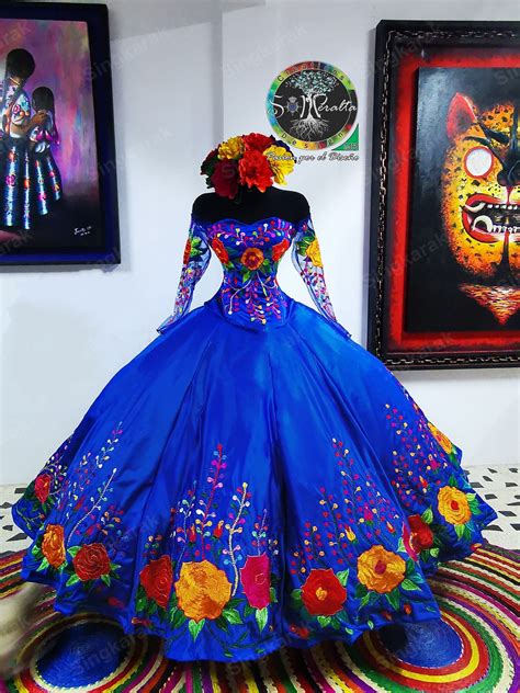 2021 Vintage Royal Blue Mexican Sweet 16 Dresses Charro Flower