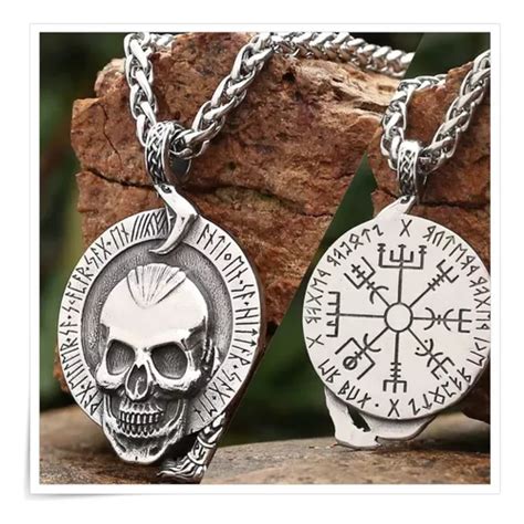 Colar Masculino Pingente Caveira Skull Aço Inox Prata Runas