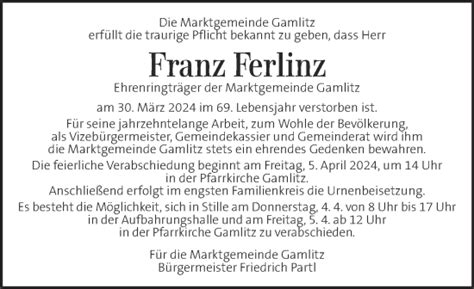 Traueranzeigen Von Franz Ferlinz Trauer Kleinezeitung At