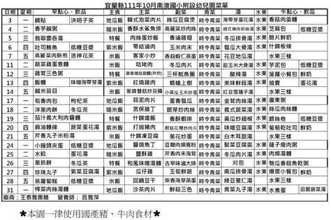 十月份餐點表 宜蘭縣南澳國小附設幼兒園