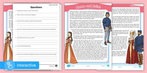 Romeo And Juliet Reading Comprehension Pdf Primary Resource