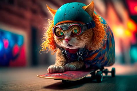 Gato Patinador Con Casco En La Cabeza Ia Generativa Foto Premium