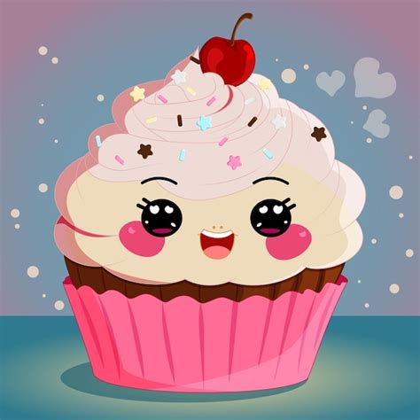 Cupcake De Dibujos Animados Lindo Kawaii Con Cereza En La Parte